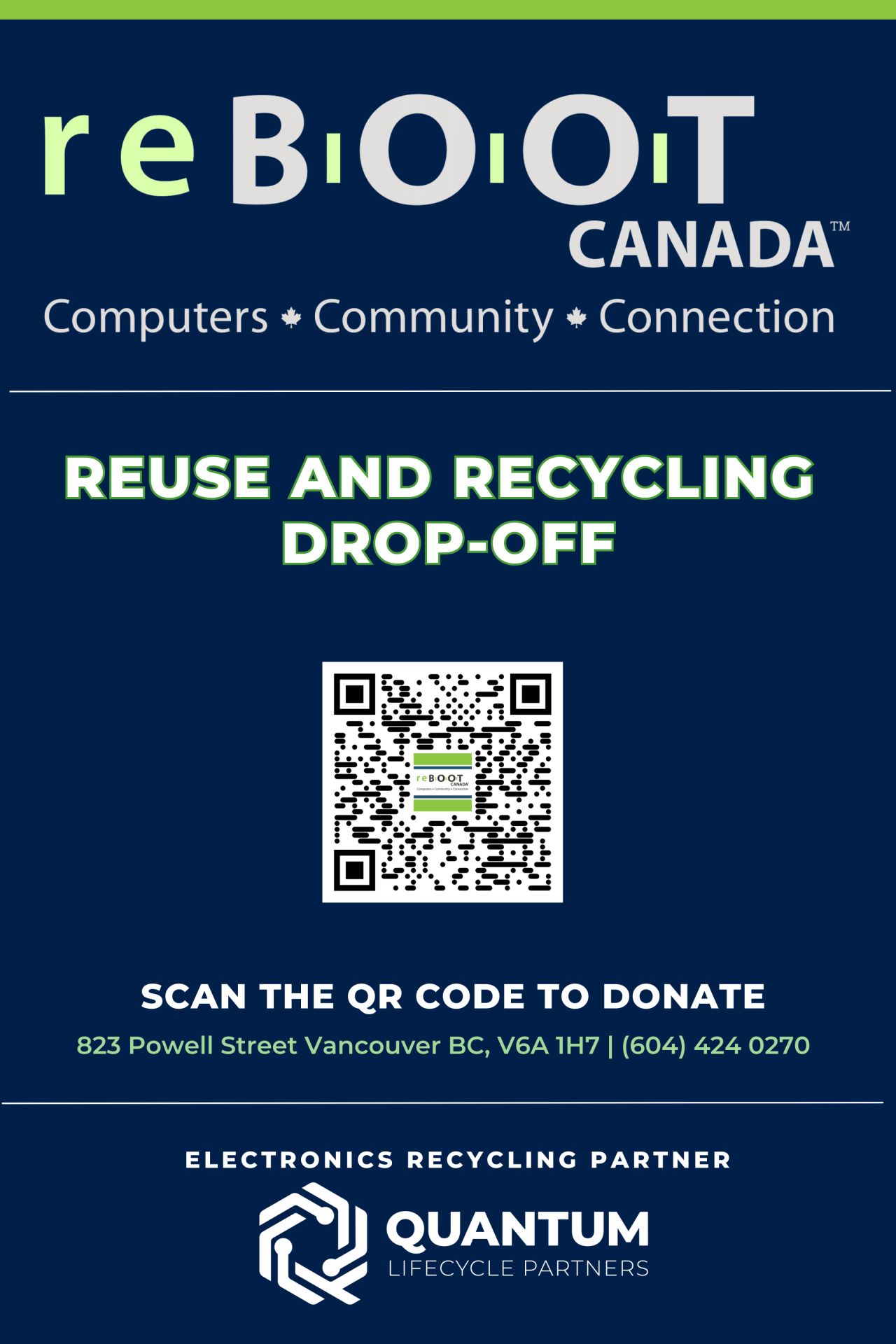 QR code poster encouraging donations to reBOOT Canada as part of the City of Vancouver's Reuse and Recycling Drop-Off events